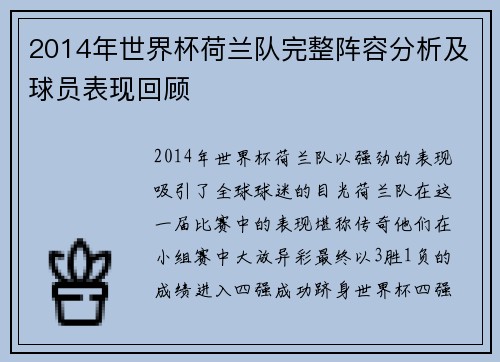 2014年世界杯荷兰队完整阵容分析及球员表现回顾