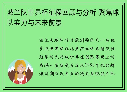 波兰队世界杯征程回顾与分析 聚焦球队实力与未来前景