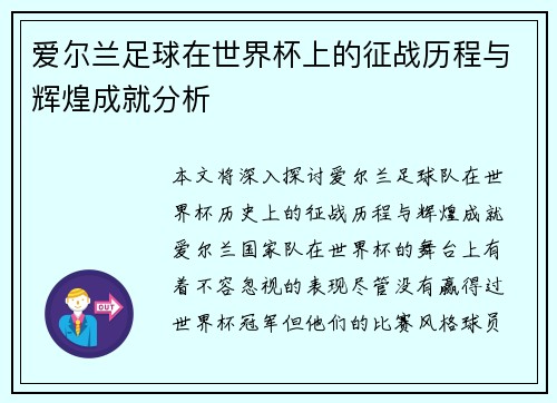 爱尔兰足球在世界杯上的征战历程与辉煌成就分析